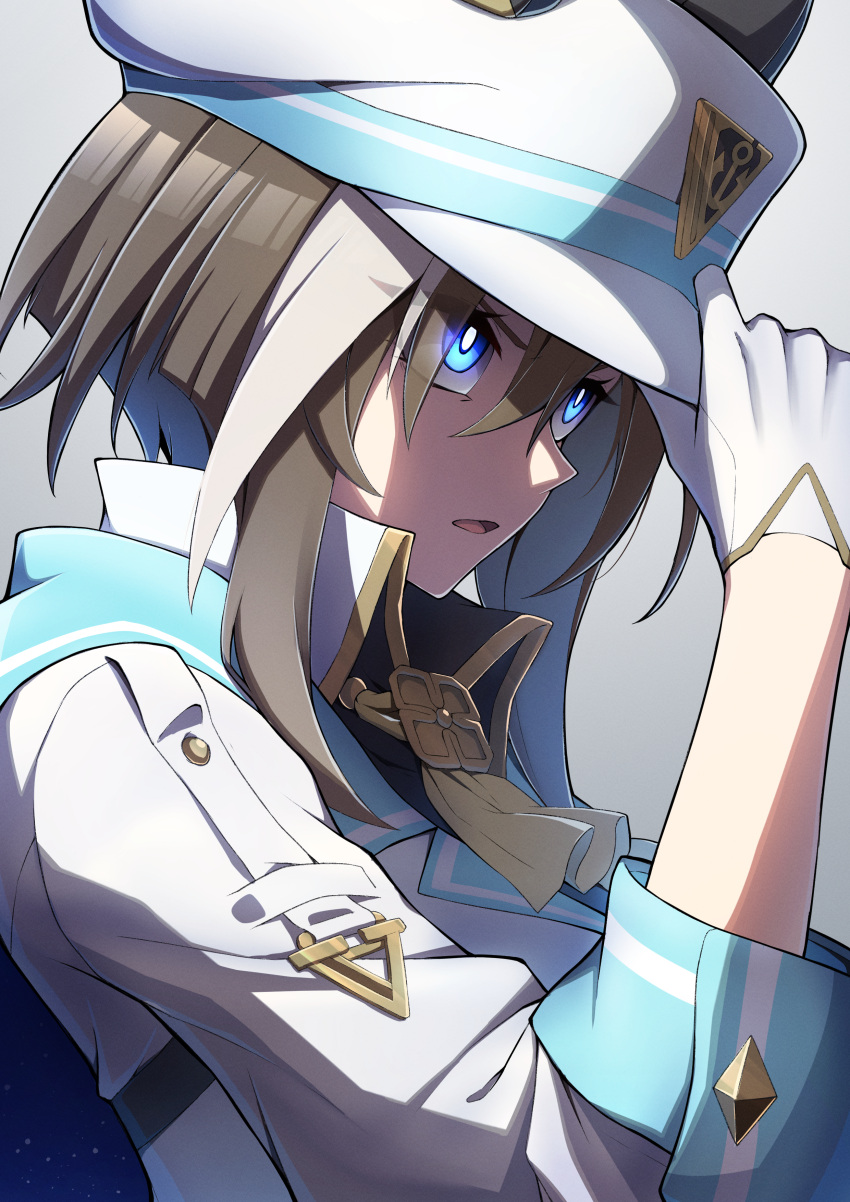 1girl absurdres animal_ear_headwear animal_ears ascot blue_cape blue_eyes breasts brown_hair cape cheval_grand_(umamusume) commentary_request gloves hand_on_headwear hat highres horse_girl long_sleeves looking_to_the_side midriff_peek multicolored_hair parted_bangs peaked_cap ruisuke shirt sidelocks simple_background single_glove solo streaked_hair umamusume upper_body white_background white_gloves white_hair white_headwear white_shirt yellow_ascot