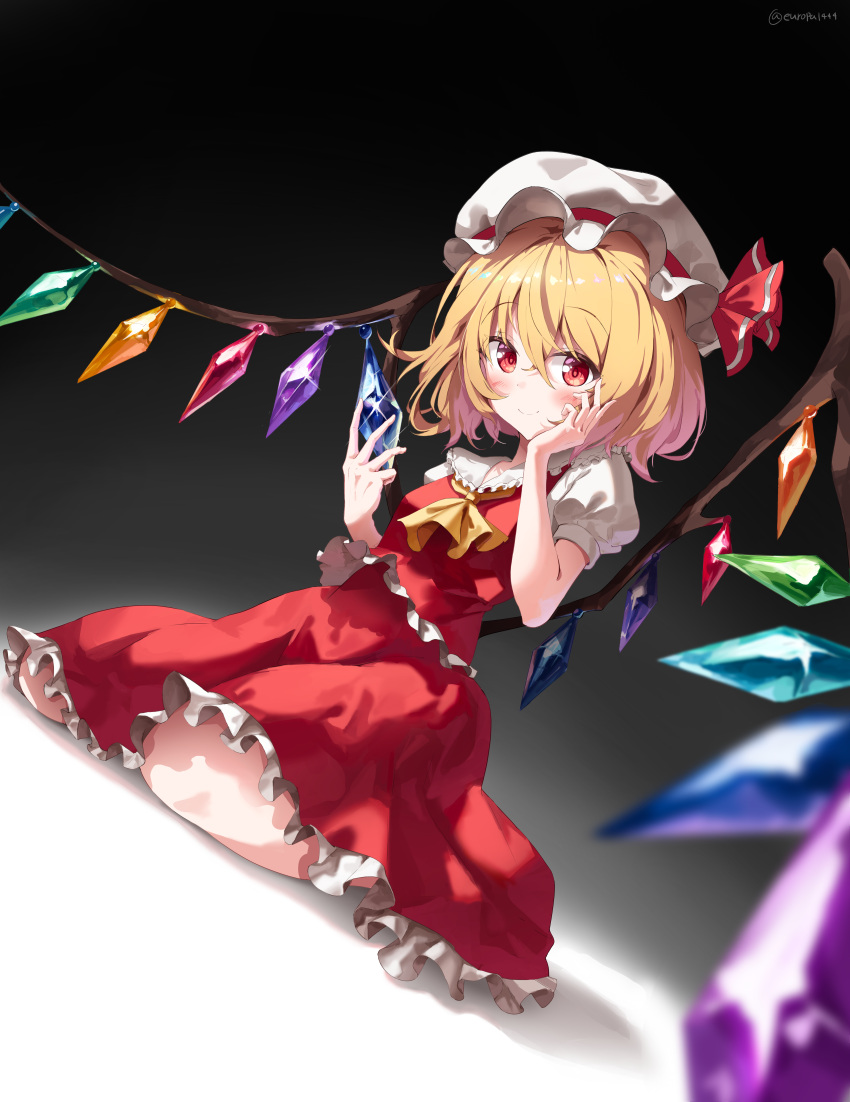 1girl absurdres ascot blonde_hair blush crystal dress dutch_angle europa1444 flandre_scarlet full_body hat highres looking_at_viewer medium_hair red_eyes side_ponytail sitting solo sparkle touhou wariza yellow_ascot