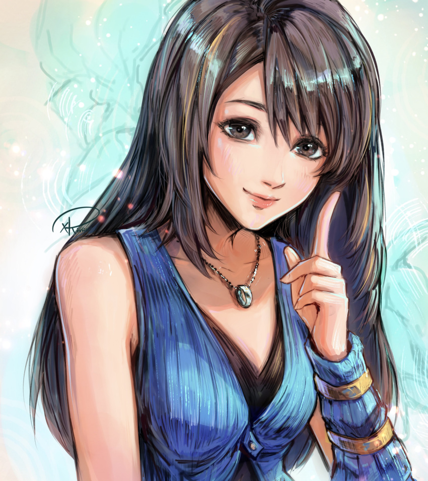 1girl absurdres asymmetrical_bangs bare_shoulders black_eyes black_hair blue_background blue_dress closed_mouth collarbone commentary dress eyelashes final_fantasy final_fantasy_viii highres index_finger_raised jewelry long_bangs long_hair male_focus necklace pink_lips rinoa_heartilly signature sleeveless sleeveless_dress smile two-tone_background upper_body white_background xriviia