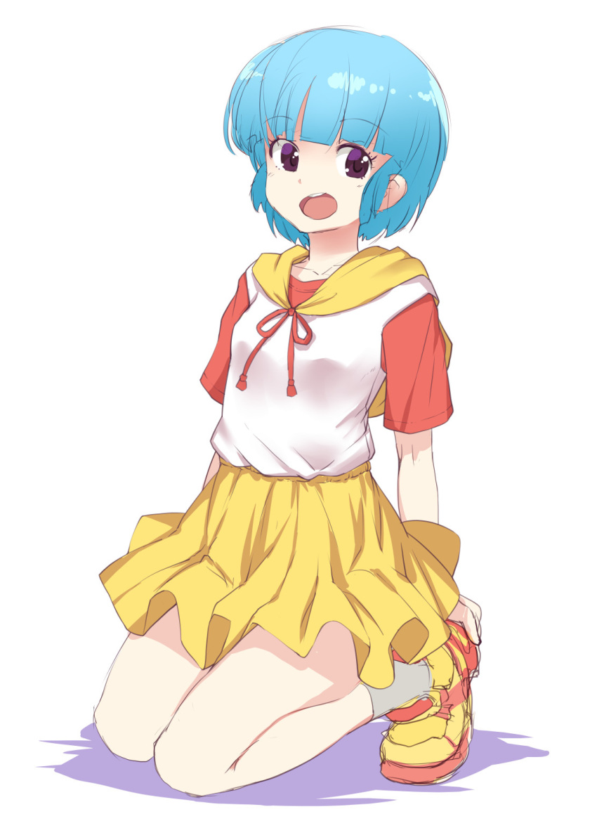 1girl blue_hair bosshi breasts commentary_request grey_socks highres kneeling mahou_no_tenshi_creamy_mami miniskirt morisawa_yuu open_mouth shoes short_hair sketch skirt small_breasts smile sneakers socks solo violet_eyes yellow_hood yellow_skirt
