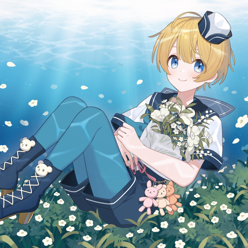 1boy ahoge aoi_moi blonde_hair blue_eyes blue_footwear blue_shorts boots bouquet chiri_(ch!) double-parted_bangs flower hat high_heel_boots high_heels highres holding holding_bouquet indie_virtual_youtuber looking_at_viewer official_art otoko_no_ko sailor_hat school_uniform shirt shorts sidelocks sitting stuffed_animal stuffed_toy underwater virtual_youtuber white_flower white_shirt