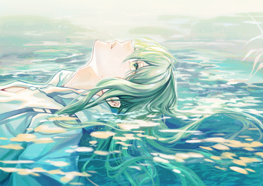 1other afloat androgynous cangchen closed_mouth enkidu_(fate) fate/grand_order fate_(series) from_side green_eyes green_hair hair_between_eyes highres light_particles long_hair looking_up other_focus plant profile robe solo upper_body water water_drop white_robe