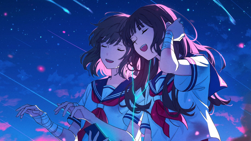 2girls bandaged_fingers bandaged_hand bandaged_wrist bandages black_hair blue_sailor_collar brown_hair bruise cellphone closed_eyes commentary_request earphones happy highres injury long_hair mele_ck multiple_girls neckerchief night night_sky open_mouth original phone red_neckerchief sailor_collar shared_earphones shooting_star short_hair short_sleeves sky smartphone smile star_(sky) starry_sky summer_uniform teeth upper_teeth_only