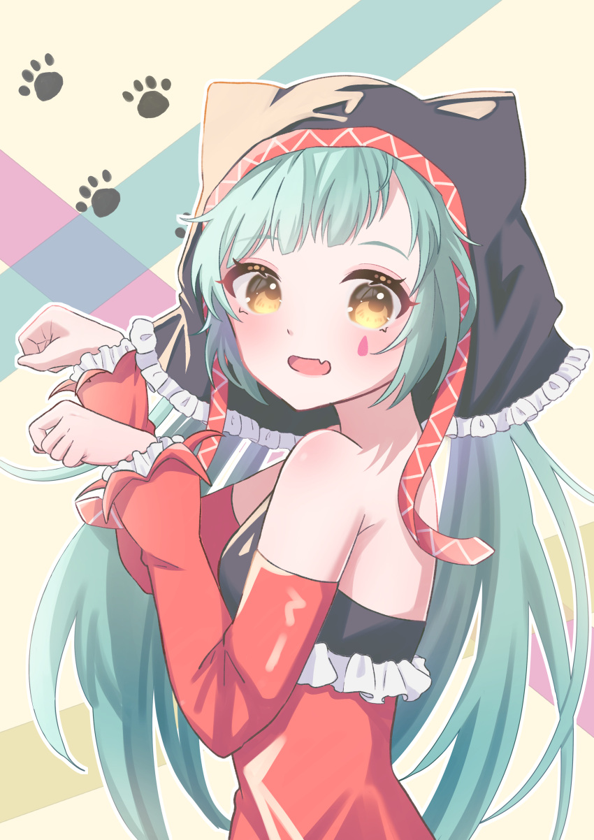 1girl absurdres animal_ears aqua_hair bare_shoulders black_headwear breasts cat_ears cat_food_(vocaloid) detached_sleeves dress facial_mark fang frilled_dress frilled_sleeves frills from_side hat hat_with_ears hatsune_miku highres layered_sleeves long_hair long_sleeves looking_at_viewer mokoinu open_mouth paw_pose paw_print pierretta_(module) red_sleeves sidelocks skin_fang small_breasts smile solo strapless teardrop_facial_mark upper_body vocaloid yellow_eyes