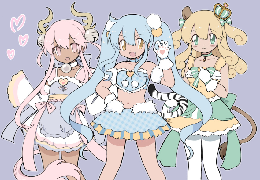 3girls :3 ahoge animal_ears animal_hands apron back_bow bell blonde_hair blue_hair blue_skirt blush_stickers bow bow_choker choker claw_pose closed_mouth crown curly_hair dark-skinned_female dark_skin detached_sleeves dragon_girl dragon_horns dragon_tail dress dress_bow english_text fang fur-tipped_tail fur-trimmed_skirt fur_trim gloves green_bow green_choker green_eyes green_headwear hair_bell hair_between_eyes hair_bow hair_ornament hand_on_own_hip hand_up heart horns jingle_bell lace-trimmed_dress lace_trim lapithai lion_ears lion_girl lion_tail long_hair long_sleeves looking_at_viewer magical_girl mini_crown miniskirt multiple_girls neck_bell neck_ribbon open_mouth original pantyhose paw_gloves pink_dress pink_eyes pink_gemstone pink_hair plaid plaid_skirt pom_pom_(clothes) pom_pom_hair_ornament purple_apron purple_background purple_ribbon ribbon short_dress sidelocks simple_background skirt sleeveless sleeveless_dress sleeves_past_fingers sleeves_past_wrists smile standing stomach tail tiger_girl tiger_tail twintails very_long_hair waist_apron white_choker white_dress white_gloves white_pantyhose yellow_dress yellow_eyes