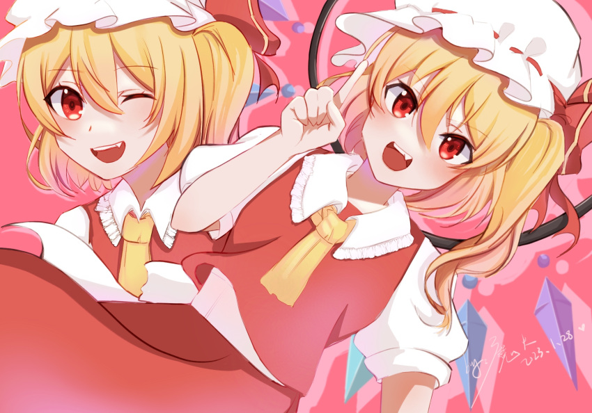 1girl ascot blonde_hair cowboy_shot crystal dress dutch_angle fang flandre_scarlet hat highres looking_at_viewer medium_hair mohuo495 one_eye_closed open_mouth red_eyes red_ribbon ribbon side_ponytail solo touhou yellow_ascot