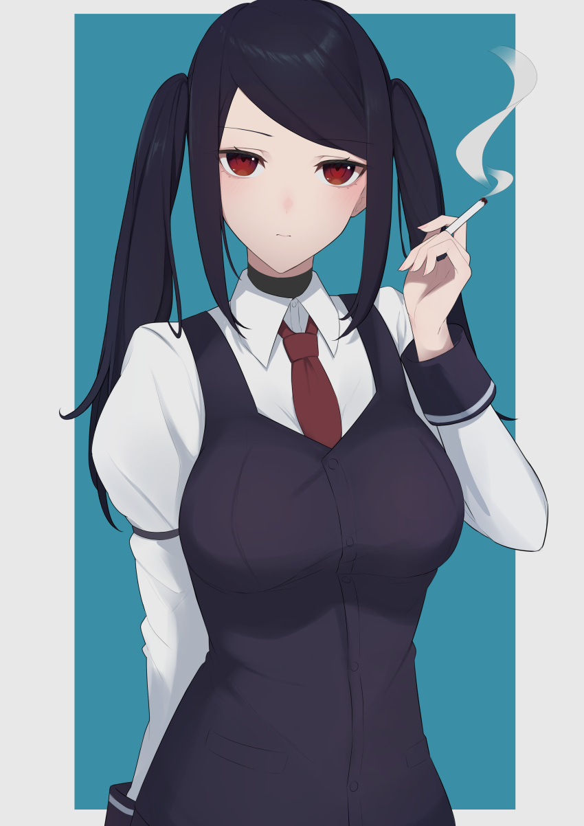 1girl absurdres black_vest breasts buttons cigarette closed_mouth collared_shirt commentary_request expressionless highres holding holding_cigarette jill_stingray long_hair long_sleeves looking_at_viewer necktie puffy_long_sleeves puffy_sleeves purple_hair re1kirisaki342 red_eyes red_necktie shirt solo twintails va-11_hall-a vest white_shirt