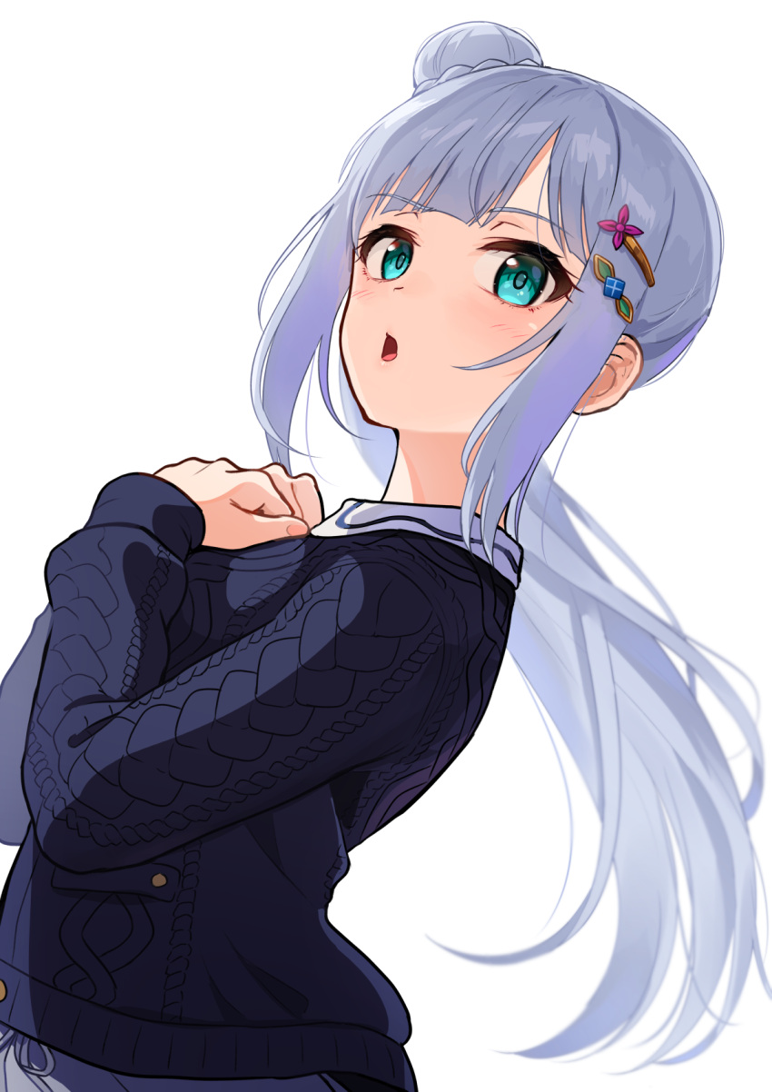 1girl :o alternate_hairstyle argyle_cardigan blue_cardigan blue_hair blunt_bangs blush cardigan closed_mouth commentary dutch_angle floating_hair from_side hair_bun hair_ornament hairclip hairpin hands_on_own_chest highres idolmaster idolmaster_million_live! idolmaster_million_live!_theater_days kamille_(vcx68) light_blue_hair long_hair looking_at_viewer looking_to_the_side revision shiraishi_tsumugi side_ponytail sidelocks simple_background single_side_bun solo upper_body white_background
