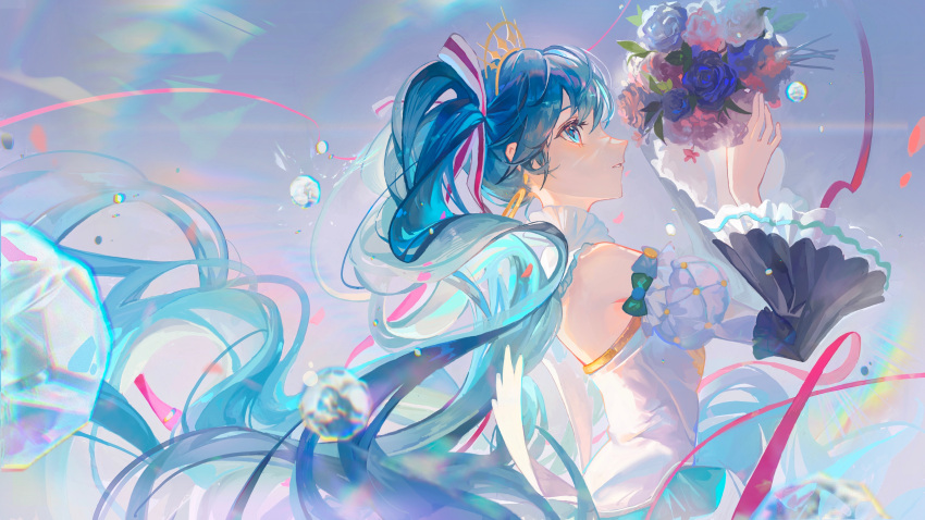1girl absurdres aqua_eyes aqua_hair bare_shoulders black_sleeves blinklikeer blue_background blue_flower blue_rose bouquet detached_sleeves dress earrings floating_hair flower from_side hair_ribbon hands_up hatsune_miku highres holding holding_bouquet hoop_earrings jewelry juliet_sleeves long_hair long_sleeves looking_at_flowers parted_lips pink_ribbon profile project_sekai puffy_sleeves red_flower red_rose ribbon rose sleeveless sleeveless_dress solo tiara twintails upper_body very_long_hair vocaloid white_dress white_flower white_rose wide_sleeves