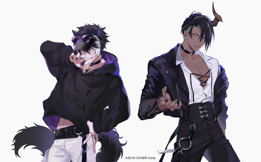 2boys animal_ear_piercing animal_ears aragami_oga barbell_piercing belt black_belt black_collar black_corset black_hair black_hoodie black_jacket black_nails black_pants claw_pose collar copyright_notice corset cowboy_shot cropped_jacket cross-laced_clothes curtained_hair dark-skinned_male dark_skin earrings expressionless eyewear_on_head fangs fingernails gimmexgimme_(vocaloid) green_eyes green_hair green_nails grin hair_between_eyes hand_on_own_hip hand_up high-waist_pants highres holostars hood hood_down hoodie horns jackal_boy jackal_ears jackal_tail jacket jewelry kageyama_shien lapels leash looking_at_viewer mafia_(holostars) male_focus midriff_peek moneko multicolored_hair multicolored_nails multiple_boys multiple_rings nail_polish notched_lapels o-ring_collar off_shoulder official_art open_clothes open_jacket pants parted_lips partially_unbuttoned pectoral_cleavage pectorals piercing purple-tinted_eyewear purple_nails ring round_eyewear sharp_fingernails shirt short_hair simple_background single_horn smile streaked_hair swept_bangs tail tinted_eyewear two-tone_hair virtual_youtuber visor_cap white_background white_hair white_pants white_shirt yellow_eyes zipper zipper_pull_tab