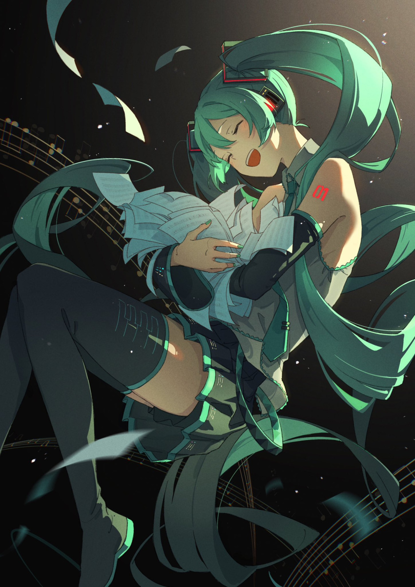 1girl :d aqua_hair aqua_necktie black_footwear black_skirt black_sleeves black_thighhighs boots closed_eyes commentary_request detached_sleeves flying_paper grey_shirt happy hatsune_miku headphones highres holding holding_paper hugging_object long_hair mele_ck necktie open_mouth paper shirt skirt sleeveless sleeveless_shirt smile solo teeth thigh-highs thigh_boots twintails upper_teeth_only very_long_hair vocaloid