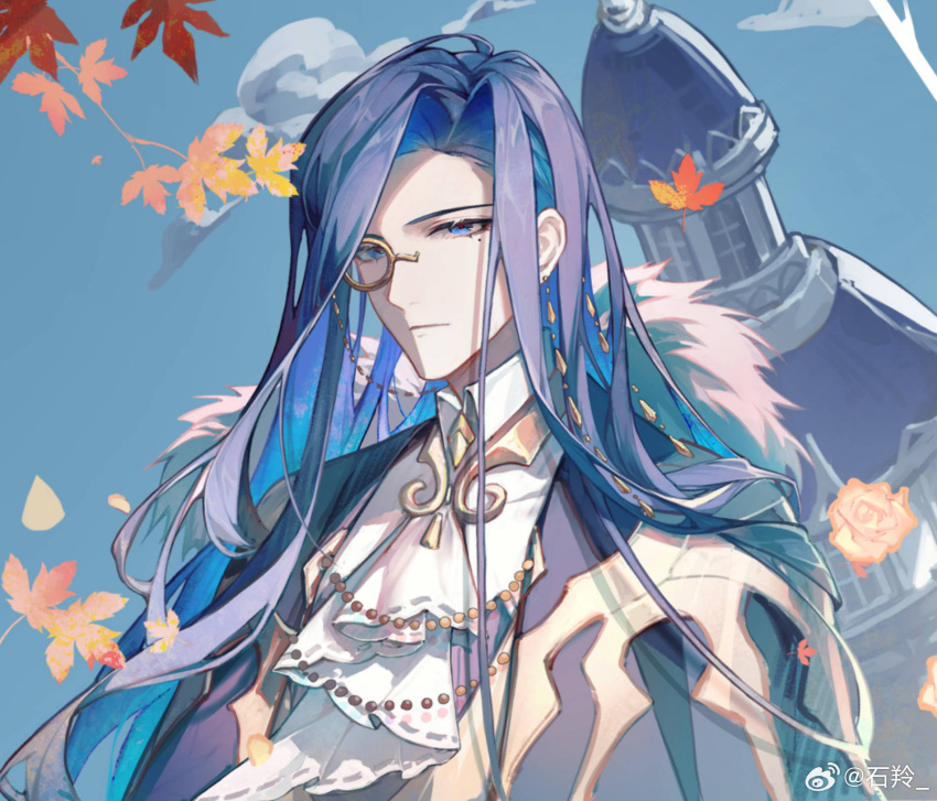 1boy ascot black_cape blue_background blue_eyes cape clarence_clayden closed_mouth clouds collared_shirt curtained_hair expressionless flower fur-trimmed_cape fur_trim highres leaf long_hair looking_at_viewer lovebrush_chronicles male_focus maple_leaf mole mole_under_eye monocle rose shiling shirt solo swept_bangs tower upper_body weibo_logo weibo_username white_ascot white_shirt yellow_flower yellow_rose