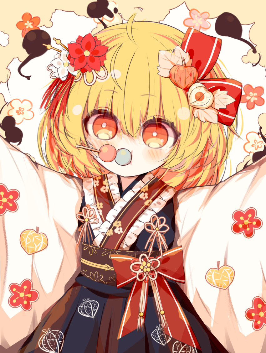 1girl alternate_costume blonde_hair blush bow chinese_lantern_(plant) dango dress_bow eating flower food fruit_hair_ornament hair_flower hair_ornament hair_ribbon hair_stick highres japanese_clothes leaf_hair_ornament long_sleeves looking_at_viewer medium_hair orange_eyes outstretched_arms red_bow red_flower ribbon ro.ro rumia skewer solo touhou wagashi white_flower wide_sleeves
