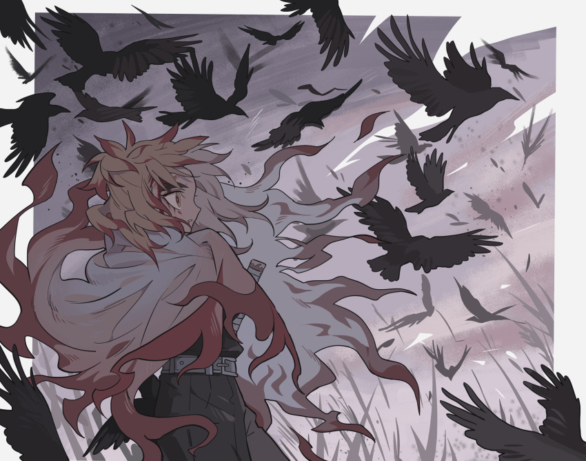 1boy belt bird black_pants blonde_hair blood blood_from_mouth blood_on_face cape colored_tips crow demon_slayer_uniform flame_print floating_clothes forked_eyebrows from_side grass grey_sky highres katana kimetsu_no_yaiba long_hair looking_ahead male_focus meremero multicolored_hair outdoors pants parted_lips profile redhead rengoku_kyoujurou sad sky solo standing sword too_many too_many_birds weapon white_cape wind yellow_eyes
