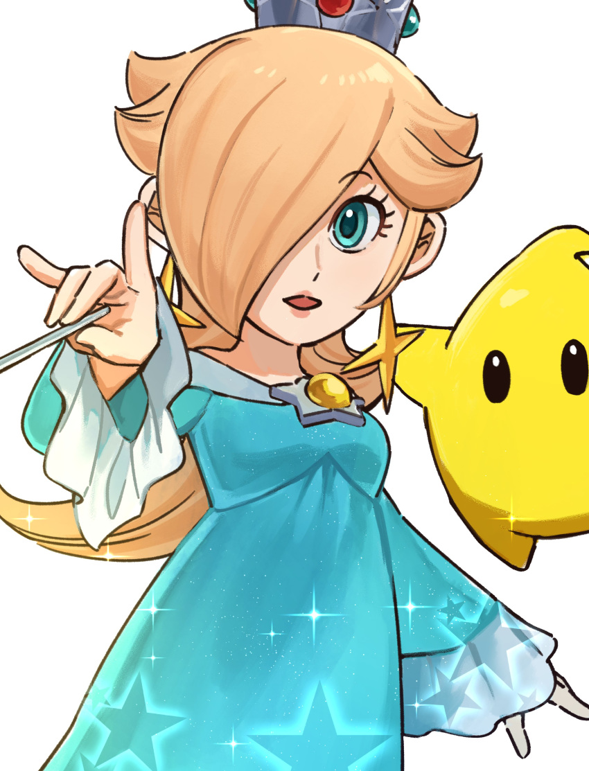 1girl absurdres aqua_dress aqua_eyes blonde_hair brooch crown dress earrings hair_over_one_eye highres jewelry long_hair long_sleeves luma_(mario) mini_crown off-shoulder_dress off_shoulder rosalina sasaki_sakiko star_(symbol) star_brooch star_earrings star_wand super_mario_bros.