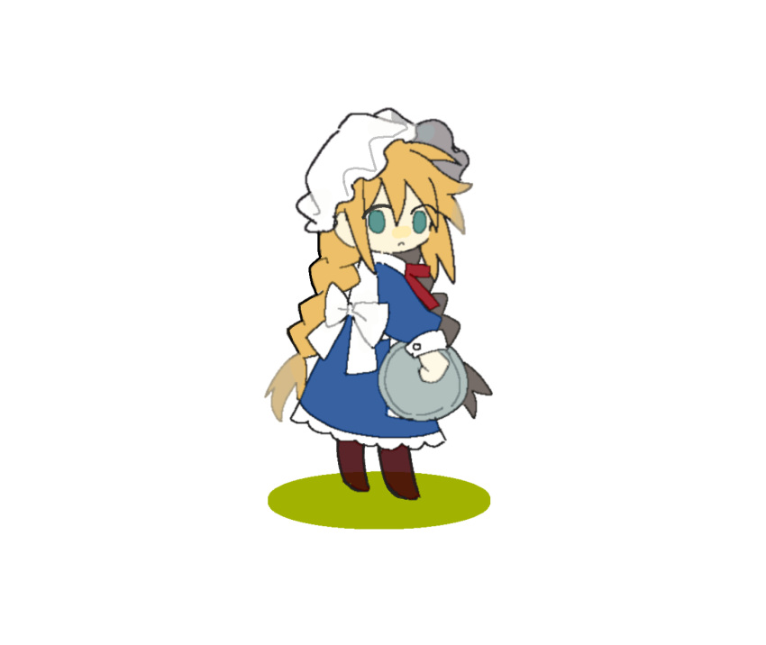 1girl apron back_bow blonde_hair blue_dress blue_sleeves boots bow bowtie braid brown_footwear closed_mouth collar collared_dress dress dual-personality_maid_amy frilled_dress frills from_behind frown full_body green_eyes guardian_tales hat highres holding holding_plate knee_boots light_blush long_hair long_sleeves looking_at_viewer looking_back maid medium_dress mob_cap plate puffy_long_sleeves puffy_sleeves red_bow red_bowtie simple_background solo tiankong_yiji twin_braids very_long_hair white_apron white_background white_bow white_collar white_headwear