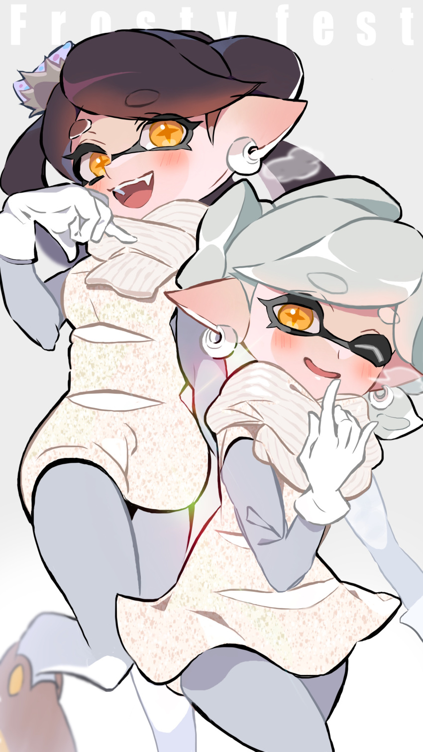 2girls absurdres ao_hito black_hair bow-shaped_hair callie_(splatoon) commentary_request earrings fangs food food_on_head gloves grey_pantyhose highres hoop_earrings jewelry long_hair marie_(splatoon) multiple_girls object_on_head one_eye_closed open_mouth pantyhose pointy_ears scarf short_hair simple_background smile splatoon_(series) splatoon_3 standing standing_on_one_leg star-shaped_pupils star_(symbol) sushi symbol-shaped_pupils teeth tentacle_hair thick_eyebrows upper_teeth_only white_background white_gloves white_hair white_scarf yellow_eyes