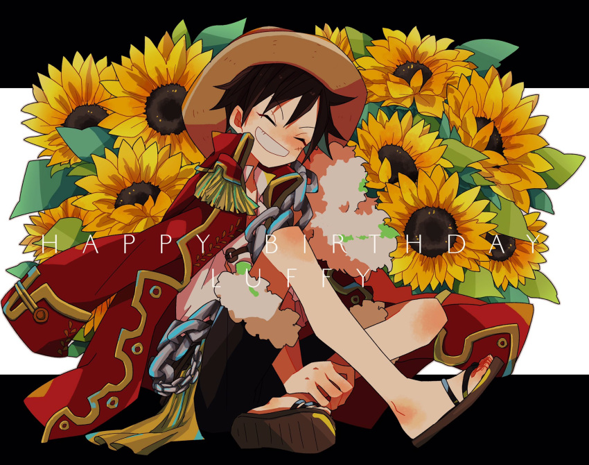 1boy ^_^ black_hair closed_eyes coat commentary_request crossed_legs epaulettes flower happy_birthday hat highres male_focus monkey_d._luffy noise_pp one_piece red_coat sandals sash scar scar_on_face shirt short_hair shorts sitting smile solo straw_hat sunflower yellow_sash