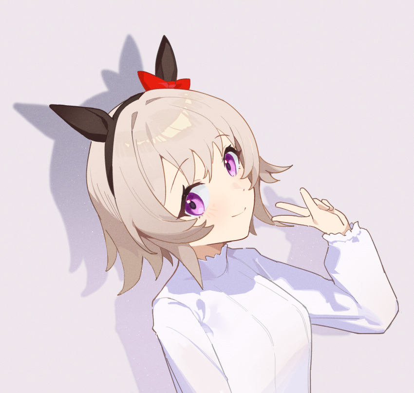 1girl animal_ears breasts closed_mouth curren_chan_(umamusume) grey_hair hair_intakes hairband hand_up highres horse_ears kro_(kroooxd) long_sleeves looking_at_viewer shadow shirt short_hair small_breasts smile solo umamusume upper_body violet_eyes w white_shirt