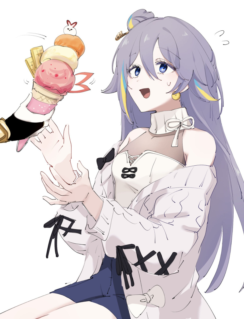 2girls alternate_hair_color black_gloves blonde_hair blue_hair blue_shorts c_uino choker earrings fu_hua fu_hua_(herrscher_of_sentience) gloves grey_hair hair_between_eyes hair_ornament hairpin highres holding holding_ice_cream_cone honkai_(series) honkai_impact_3rd jacket jewelry looking_at_another multicolored_hair multiple_girls off-shoulder_jacket off_shoulder open_clothes open_jacket open_mouth shirt shorts simple_background solo_focus streaked_hair white_background white_choker white_jacket white_shirt