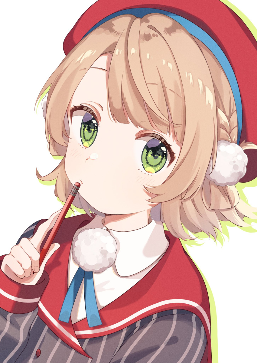 1girl beret blonde_hair blue_ribbon blunt_bangs braid closed_mouth collared_jacket collared_shirt drop_shadow french_braid green_eyes grey_jacket hair_ornament hair_rings hat highres holding indie_virtual_youtuber jacket light_blush looking_at_viewer neck_ribbon nobori_yuzu pencil pencil_to_face pinstripe_jacket pinstripe_pattern pom_pom_(clothes) pom_pom_hair_ornament red_headwear red_sailor_collar ribbon sailor_collar shigure_ui_(1st_costume)_(vtuber) shigure_ui_(vtuber) shirt short_hair side_braid simple_background solo striped swept_bangs upper_body virtual_youtuber white_background white_shirt