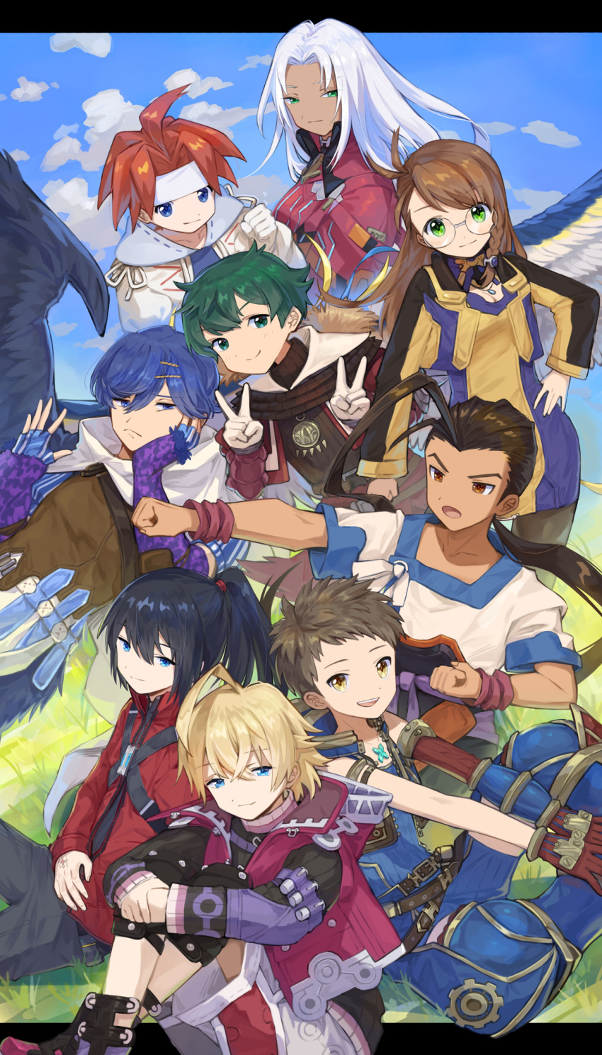 2girls 6+boys asagi1111 baten_kaitos baten_kaitos_origins blonde_hair brown_hair chest_jewel company_connection crossover dark-skinned_male dark_skin elma_(xenoblade_x) english_commentary fei_fong_wong glasses grass green_hair grey_hair headband highres in-franchise_crossover kalas_(baten_kaitos) looking_at_viewer mixed-language_commentary monolith_soft multiple_boys multiple_crossover multiple_girls noah_(xenoblade) ponytail redhead rex_(xenoblade) sagi_(baten_kaitos) shion_uzuki shulk_(xenoblade) sitting smile soma_bringer v welt_(soma_bringer) xenoblade_chronicles_(series) xenoblade_chronicles_1 xenoblade_chronicles_2 xenoblade_chronicles_3 xenoblade_chronicles_x xenogears xenosaga