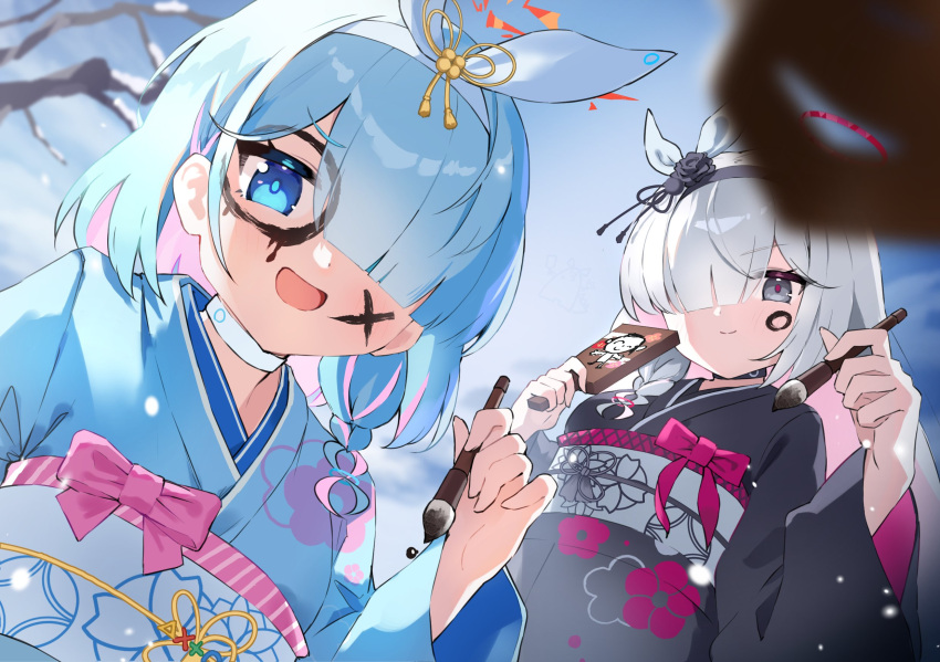 2girls arona_(blue_archive) bare_tree black_choker black_kimono blue_archive blue_eyes blue_hair blue_kimono blue_pupils bow bow_hairband braid breasts choker clouds cloudy_sky colored_inner_hair facepaint floral_print_kimono grey_eyes hair_over_one_eye hairband halo hand_up hands_up highres holding holding_paintbrush japanese_clothes kimono light_blue_hair long_hair long_sleeves looking_at_viewer multicolored_hair multiple_girls nitoron obi obiage obijime open_mouth outdoors paintbrush pink_bow pink_hair pink_halo pink_pupils plana_(blue_archive) pov red_pupils sash short_hair single_braid sky small_breasts smile snow tree white_choker white_hair white_hairband winter x