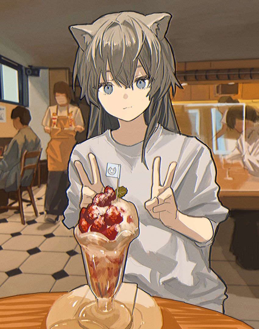1girl absurdres animal_ears brown_hair cat_ears cat_girl double-parted_bangs double_v expressionless food grey_eyes hair_between_eyes highres ice_cream long_hair looking_at_viewer original restaurant scenery shirt short_sleeves sitting solo_focus sundae table v waitress white_shirt zumochi