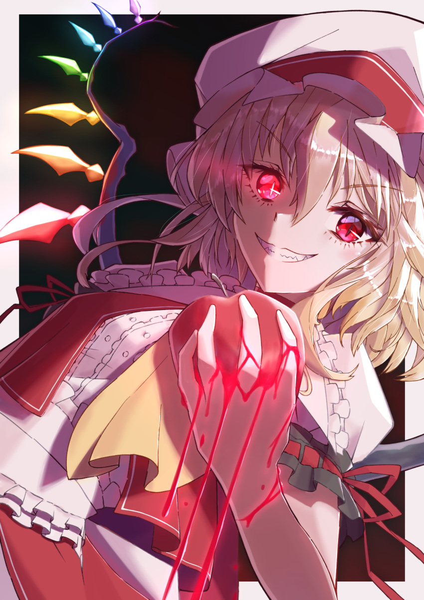 1girl apple ascot blonde_hair cowboy_shot crystal dress dutch_angle flandre_scarlet food fruit hat highres holding holding_food holding_fruit looking_at_viewer medium_hair red_apple red_dress red_eyes simple_background smirk solo strail_cycleman touhou yellow_ascot