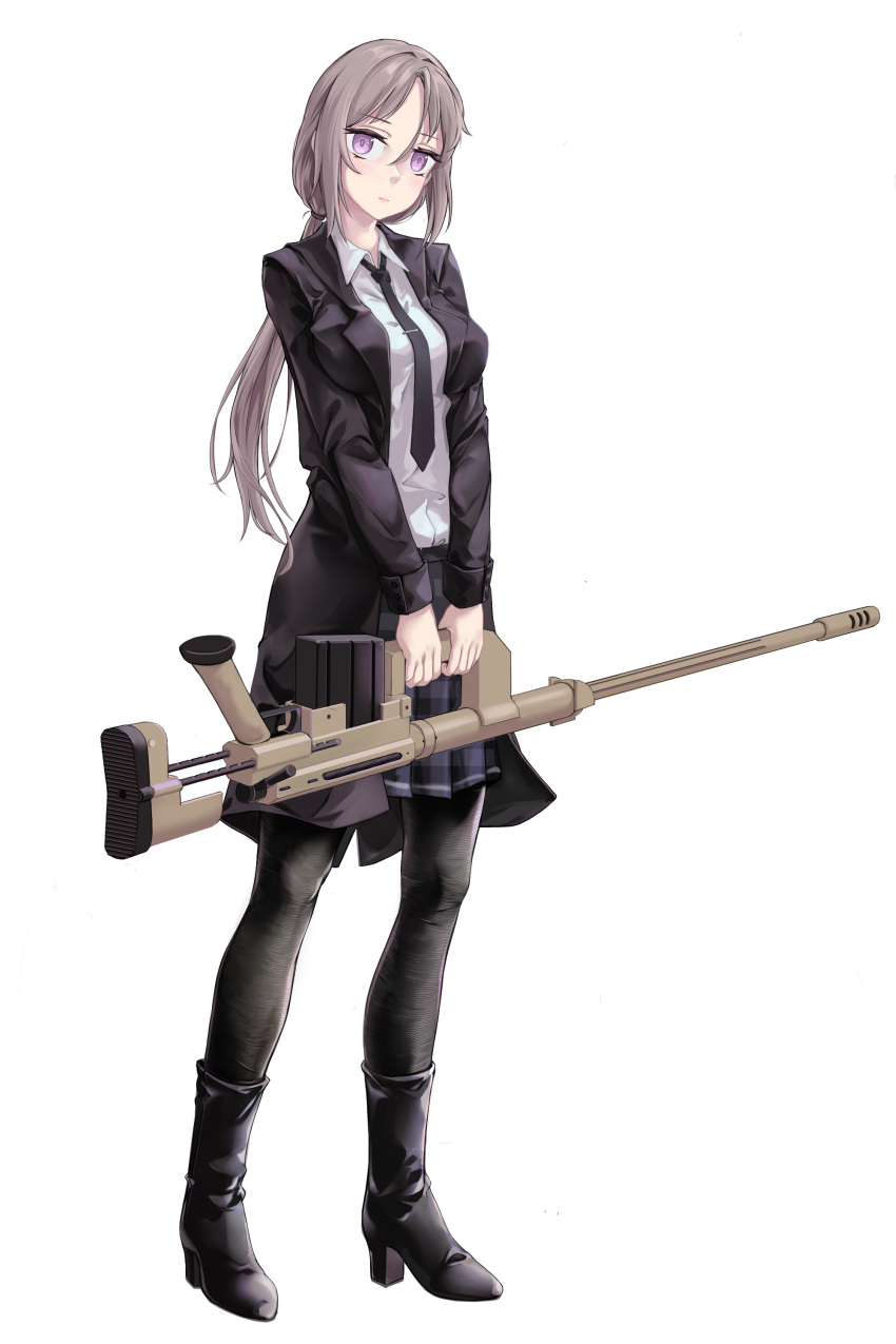 1girl absurdres aged_up black_footwear black_jacket black_necktie black_pantyhose black_skirt bolt_action boots cheytac_m200 collared_shirt english_commentary girls_frontline grey_hair gun high_heel_boots high_heels highres holding holding_gun holding_weapon jacket long_hair looking_at_viewer m200_(girls'_frontline) necktie open_clothes open_jacket pantyhose pleated_skirt ponytail rifle shirt sidelocks skirt sniper_rifle solo user_zzhx5244 violet_eyes weapon white_background white_shirt