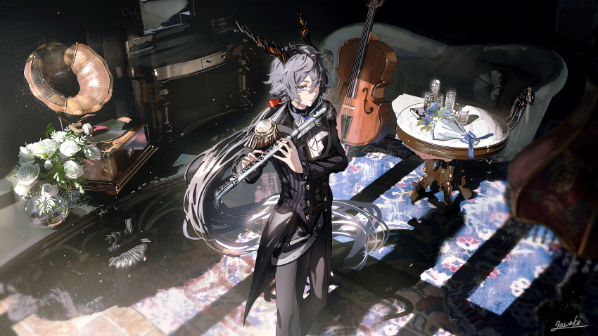 1boy absurdres animal_ears arknights black_coat black_pants blue_flower blue_rose blurry blurry_background bouquet bow cello coat commentary couch ebenholz_(arknights) epaulettes feet_out_of_frame flower flute gawako glass goat_boy goat_ears goat_horns grey_eyes grey_hair hair_bow highres holding_flute horns indoors instrument light_particles long_hair looking_at_viewer male_focus music pants phonograph playing_instrument red_bow rose rug shadow signature solo table tailcoat television vase very_long_hair white_flower white_rose