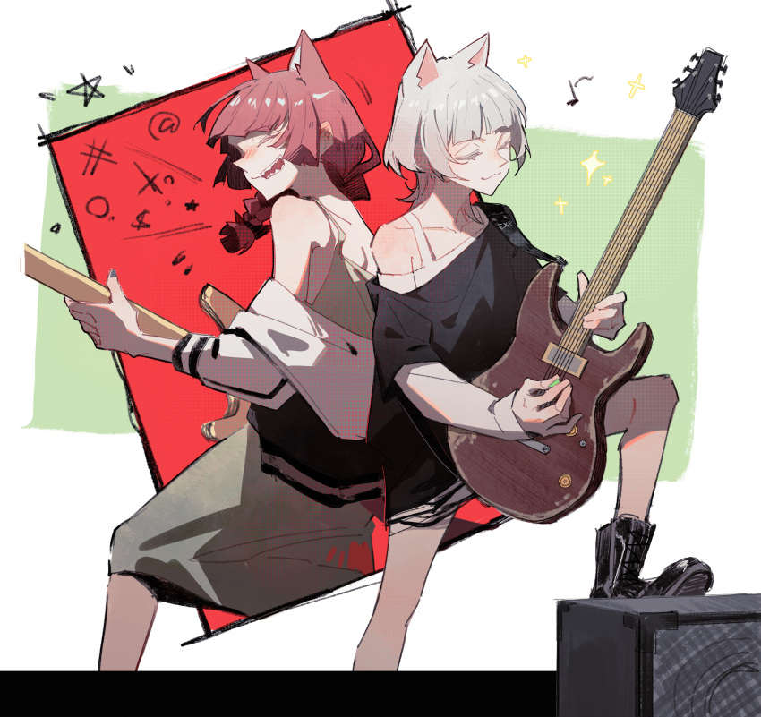 2girls :3 :d amplifier animal_ears back-to-back bang_dream! bang_dream!_it's_mygo!!!!! bare_legs bare_shoulders bass_guitar black_footwear black_shirt bocchi_the_rock! boots braid cat_ears chinese_commentary closed_eyes commentary_request crossover die_(die0118) dress electric_guitar genre_connection grawlix green_background green_dress grey_nails guitar highres hiroi_kikuri holding holding_plectrum instrument jacket jacket_partially_removed kaname_raana long_sleeves medium_hair motion_lines multicolored_background multiple_girls music musical_note nail_polish off-shoulder_shirt off_shoulder outside_border playing_instrument plectrum pointy_nose red_background redhead screentones sharp_teeth shirt shirt_under_shirt sidelighting sidelocks smile stepping teeth trait_connection white_hair white_jacket white_shirt