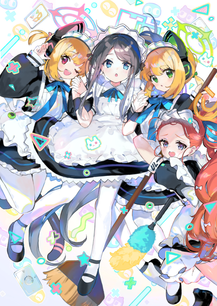 4girls :o absurdly_long_hair absurdres animal_ear_headphones animal_ears apron aqua_ribbon aris_(blue_archive) aris_(maid)_(blue_archive) atsumi_jun black_dress black_footwear black_hair black_wristband blonde_hair blue_archive blue_eyes blue_halo blush bow broom cat_ear_headphones dress duster fake_animal_ears frilled_apron frills game_development_department_(blue_archive) green_eyes green_halo hair_bow halo hands_up headphones heart-shaped_mouth highres holding holding_broom holding_hands interlocked_fingers long_hair long_sleeves looking_at_viewer maid maid_apron maid_headdress midori_(blue_archive) midori_(maid)_(blue_archive) momoi_(blue_archive) momoi_(maid)_(blue_archive) multiple_girls neck_ribbon official_alternate_costume one_eye_closed open_mouth orange_halo pantyhose pink_bow pink_eyes pink_hair puffy_long_sleeves puffy_short_sleeves puffy_sleeves redhead ribbon short_hair short_sleeves siblings sisters smile tail twins very_long_hair white_apron white_bow white_pantyhose yuzu_(blue_archive) yuzu_(maid)_(blue_archive)