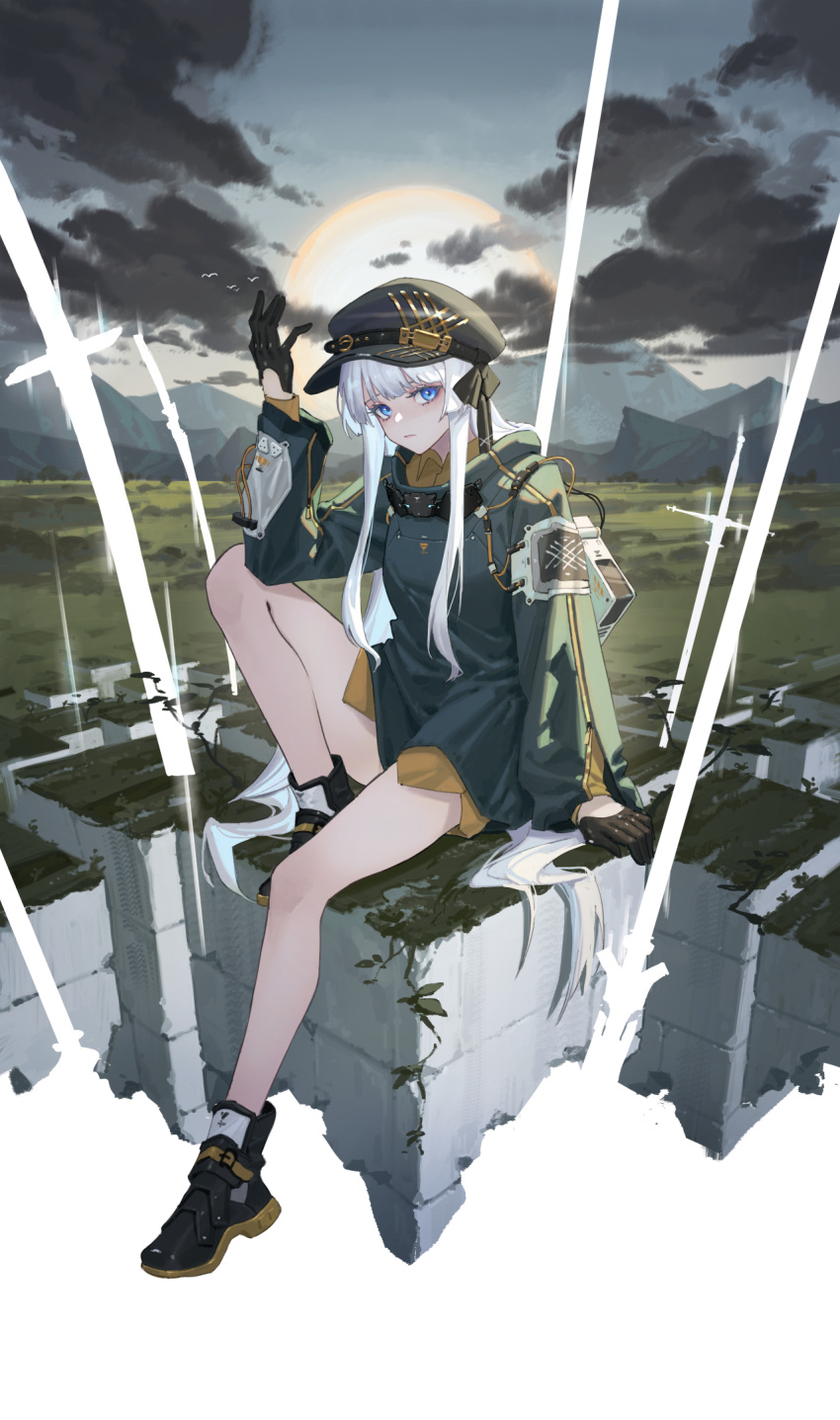 1girl areaaaron bare_legs black_footwear black_gloves black_ribbon blue_eyes clouds collared_shirt dark_clouds gloves grass green_jacket hand_on_ground hand_up hat highres jacket long_hair long_sleeves looking_at_viewer mountain original peaked_cap ribbon scenery shirt sitting solo sun sword technology thighs very_long_hair weapon white_hair wire yellow_shirt