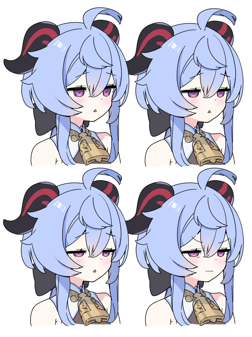 1girl ahoge bare_shoulders bell black_horns blue_hair closed_mouth commentary_request curled_horns dot_nose expressions ganyu_(genshin_impact) genshin_impact hair_between_eyes half-closed_eyes highres horns looking_ahead multiple_views neck_bell open_mouth sidelocks simple_background sleepy solo squinting v-shaped_eyebrows violet_eyes white_background zenshin