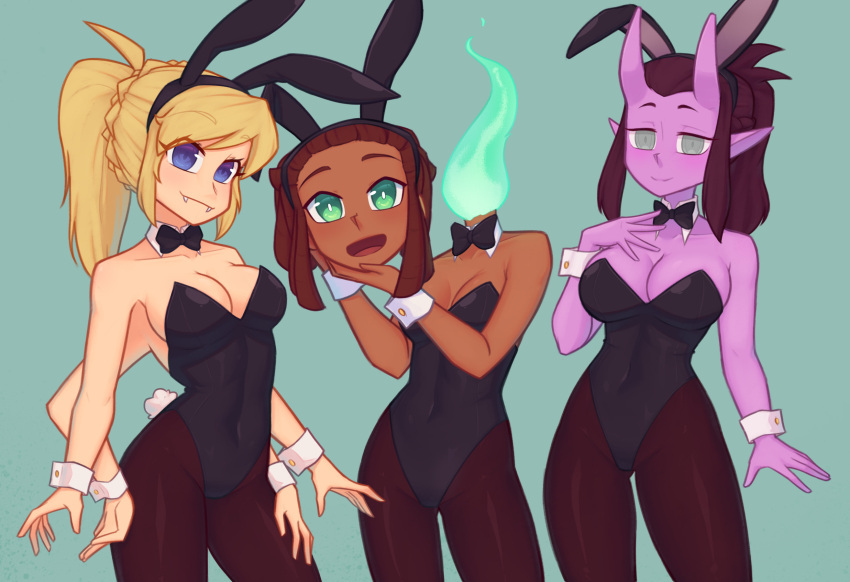 3girls bow bowtie breasts dreadlocks extra_arms highres jade_(xyronii) kora_(xyronii) long_hair monster_girl multiple_girls neck nelly_(xyronii) nose open_mouth original playboy_bunny ponytail smile standing xyronii