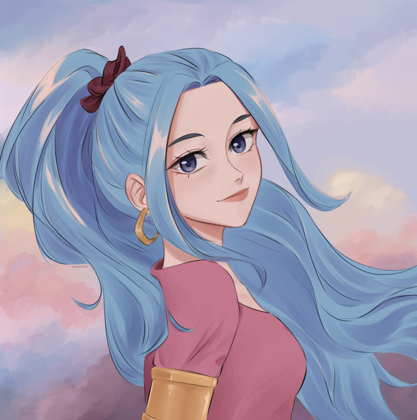 1girl absurdres blue_eyes blue_hair blue_sky closed_mouth clouds cocoyashin commentary dress earrings english_commentary eyelashes hair_intakes high_ponytail highres hoop_earrings jewelry long_hair looking_at_viewer nefertari_vivi one_piece pink_dress pink_lips sky solo upper_body
