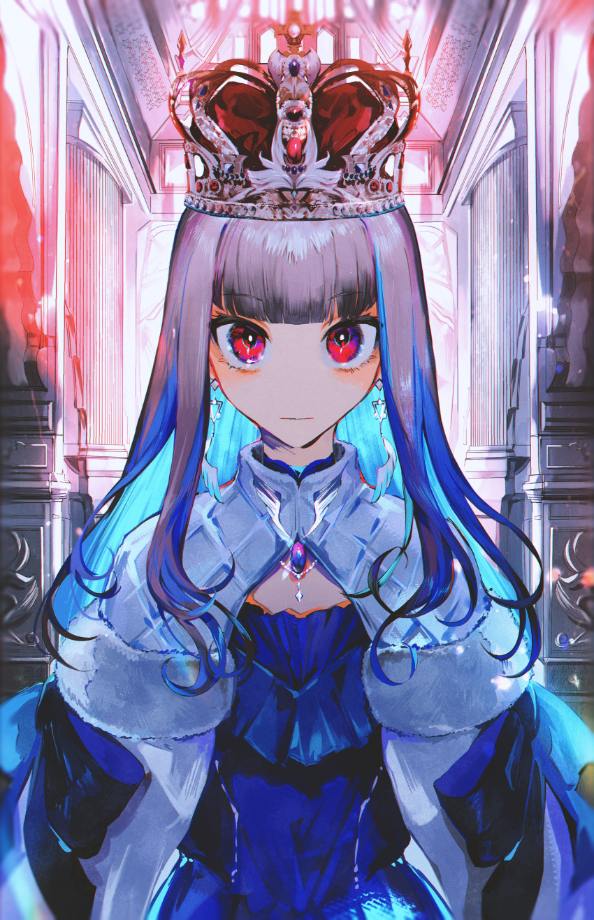 absurdres blue_dress blue_hair blunt_bangs cape cloak colored_inner_hair commentary_request crown dress earrings feather_earrings feathers fur-trimmed_cape fur_trim gradient_hair grey_hair highres indoors jewelry lize_helesta lize_helesta_(3rd_costume) long_hair mtmtomt328 multicolored_hair nijisanji official_alternate_costume red_eyes triangle_earrings virtual_youtuber white_cape