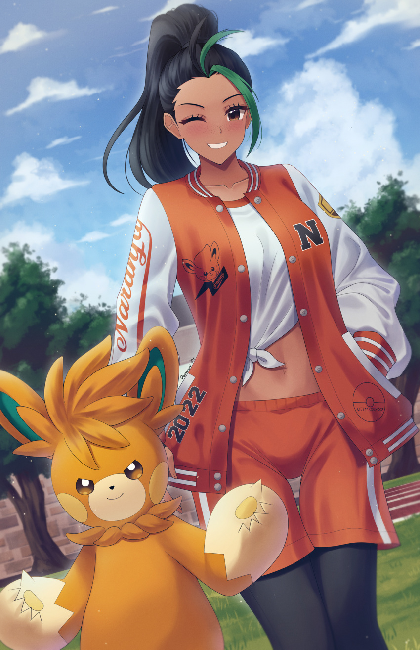 1girl 2022 ;) adapted_costume black_hair black_pantyhose blue_sky brown_eyes clothes_writing clouds collarbone dark-skinned_female dark_skin doiparuni english_commentary freckles green_hair hands_in_pockets highres jacket long_hair long_sleeves looking_at_viewer midriff multicolored_clothes multicolored_hair multicolored_jacket navel nemona_(pokemon) one_eye_closed open_clothes open_jacket orange_jacket pantyhose pantyhose_under_shorts parted_lips pawmot pokemon pokemon_(creature) pokemon_sv ponytail school_emblem shirt shorts signature sky smile solo streaked_hair tied_shirt tree two-tone_jacket white_jacket white_shirt