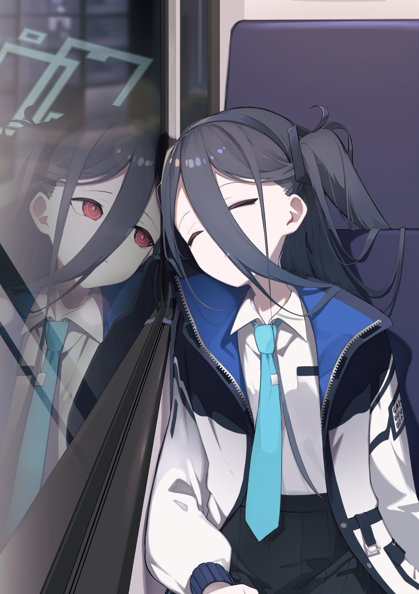 &lt;key&gt;_(blue_archive) 1girl absurdres aqua_halo aris_(blue_archive) black_hair black_skirt blue_archive blue_necktie bus_interior closed_eyes closed_mouth collared_shirt commentary different_reflection dual_persona english_commentary green_halo hair_between_eyes halo highres jacket long_hair long_sleeves n_sol necktie no_halo one_side_up parted_lips puffy_long_sleeves puffy_sleeves red_eyes reflection ringed_eyes shirt sitting skirt sleeping sleeping_upright white_jacket white_shirt