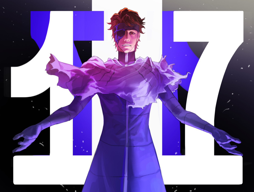 1boy aizen_sousuke bleach bleach:_sennen_kessen-hen brown_hair cloak cowboy_shot eyepatch gradient_background hieumay highres light_particles looking_at_viewer male_focus nostrils number_background open_hand orange_eyes outstretched_arms parted_lips purple_cloak shawl shinigami short_hair solo straight-on teeth torn_clothes turtleneck