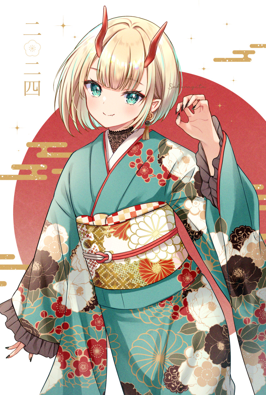 1girl blonde_hair chinese_zodiac claw_pose dragon_girl dragon_horns earrings egasumi fang fang_out fingernails frilled_sleeves frills green_eyes highres horns japanese_clothes jewelry kimono long_fingernails long_sleeves looking_at_viewer oni original pointy_ears sakunagita short_hair smile solo translation_request wide_sleeves year_of_the_dragon