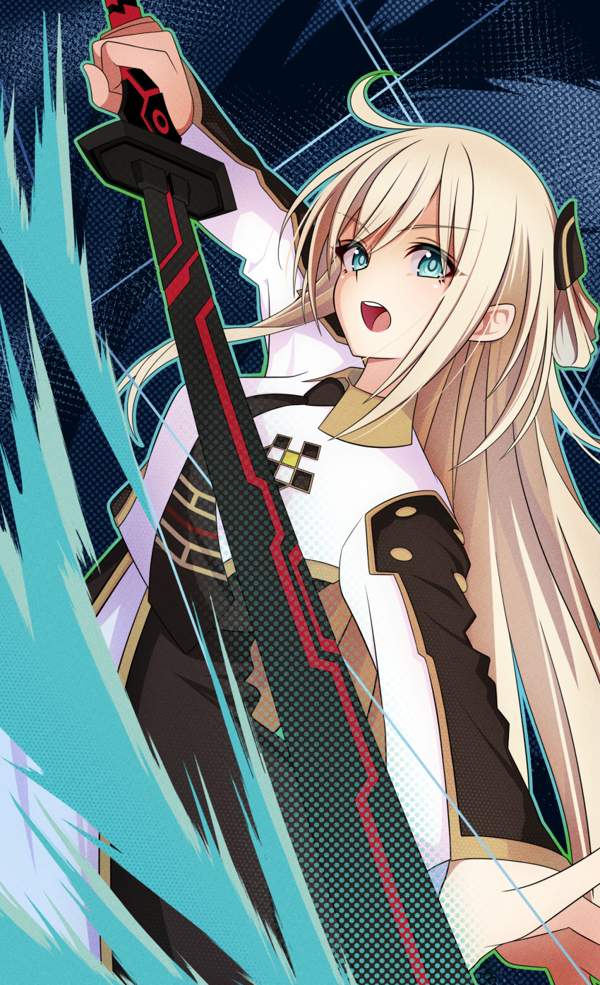 1girl absurdres akizawa aqua_eyes black_necktie blonde_hair bow breasts collared_dress dress duel_monster green_eyes hair_bow highres holding holding_sword holding_weapon long_hair long_sleeves looking_at_viewer necktie open_mouth sky_striker_ace_-_raye solo sword two-tone_dress weapon yu-gi-oh!