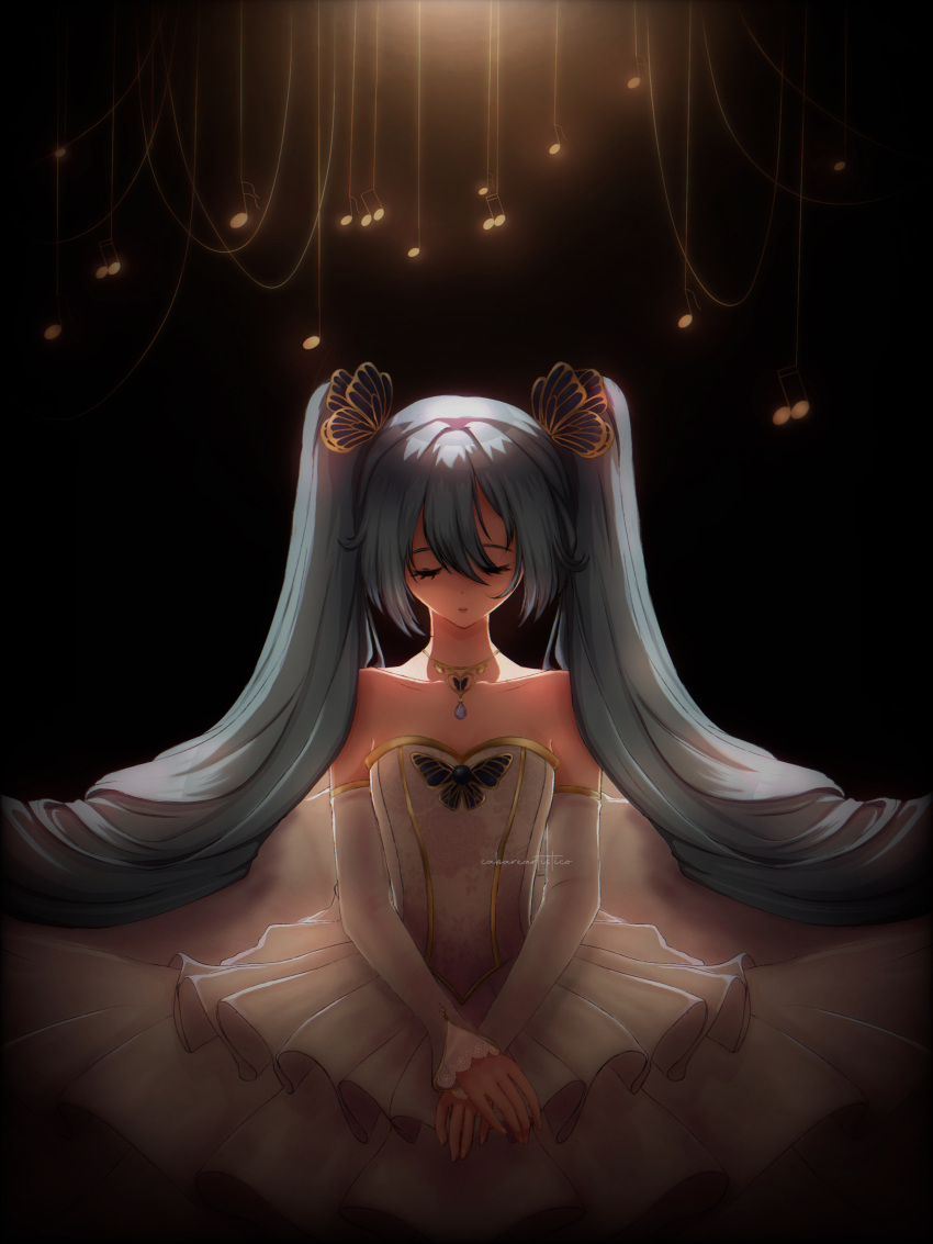 absurdres black_background blue_butterfly blue_eyes blue_hair bug butterfly butterfly_hair_ornament butterfly_ornament closed_eyes closed_mouth dress frilled_dress frills gloves gold gold_necklace hair_between_eyes hair_ornament hands_on_lap hatsune_miku highres jewelry long_dress long_hair miku_symphony_(vocaloid) music musical_note necklace on_floor on_ground parted_lips sitting twintails vocaloid white_dress white_gloves