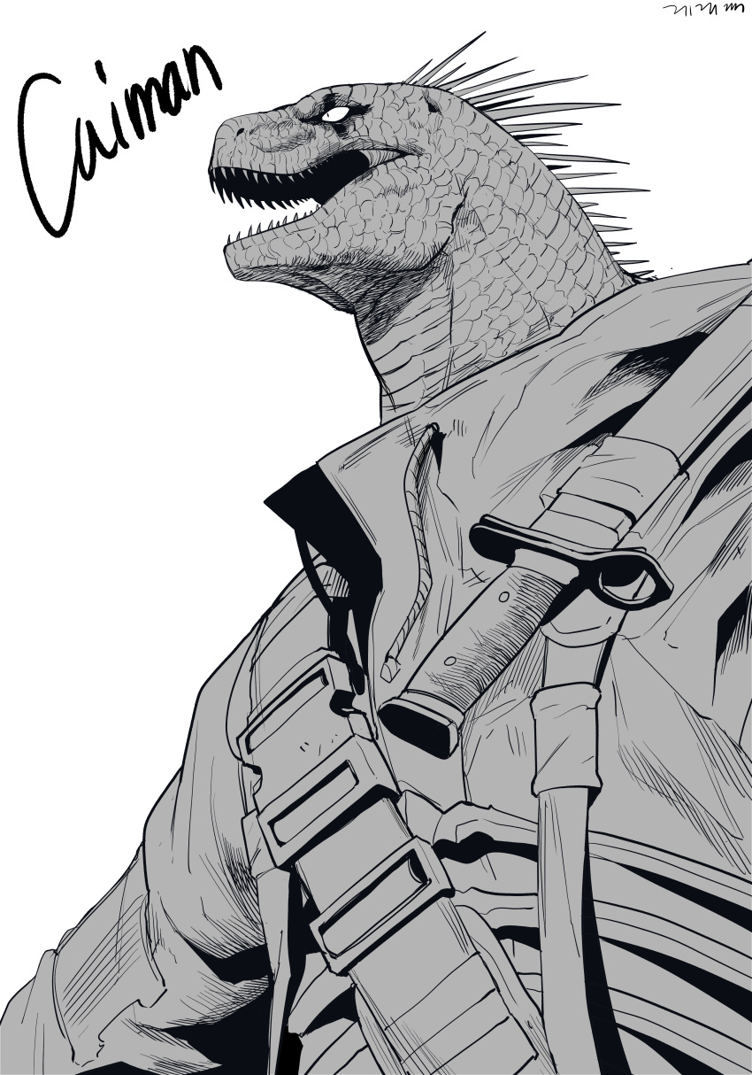 1boy absurdres caiman_(dorohedoro) character_name combat_knife dorohedoro drawstring facial_mark furry furry_male gegegekman greyscale highres jacket knife knife_sheath lizardman male_focus monochrome nostrils open_mouth reptile_boy scales sharp_teeth sheath sheathed signature snap-fit_buckle solo spikes tactical_clothes teeth upper_body weapon white_background