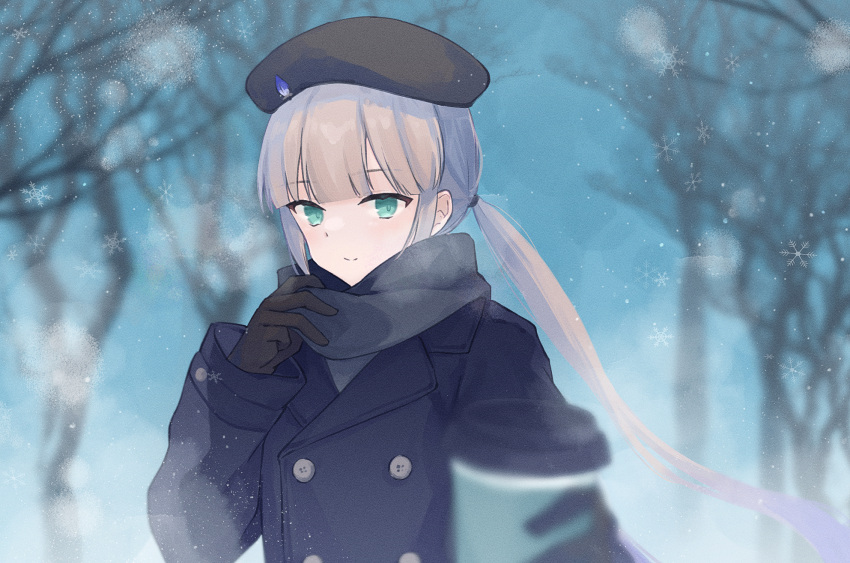 1boy bare_tree beret blurry blurry_background blurry_foreground brown_hair buttons captain_nemo_(fate) coat cup disposable_cup double-breasted fate/grand_order fate_(series) gloves green_eyes hand_up hat highres holding holding_cup kotake_8 long_hair long_sleeves looking_at_viewer low_ponytail male_focus nemo_(fate) outdoors reaching reaching_towards_viewer scarf smile snowflakes snowing solo tree upper_body very_long_hair