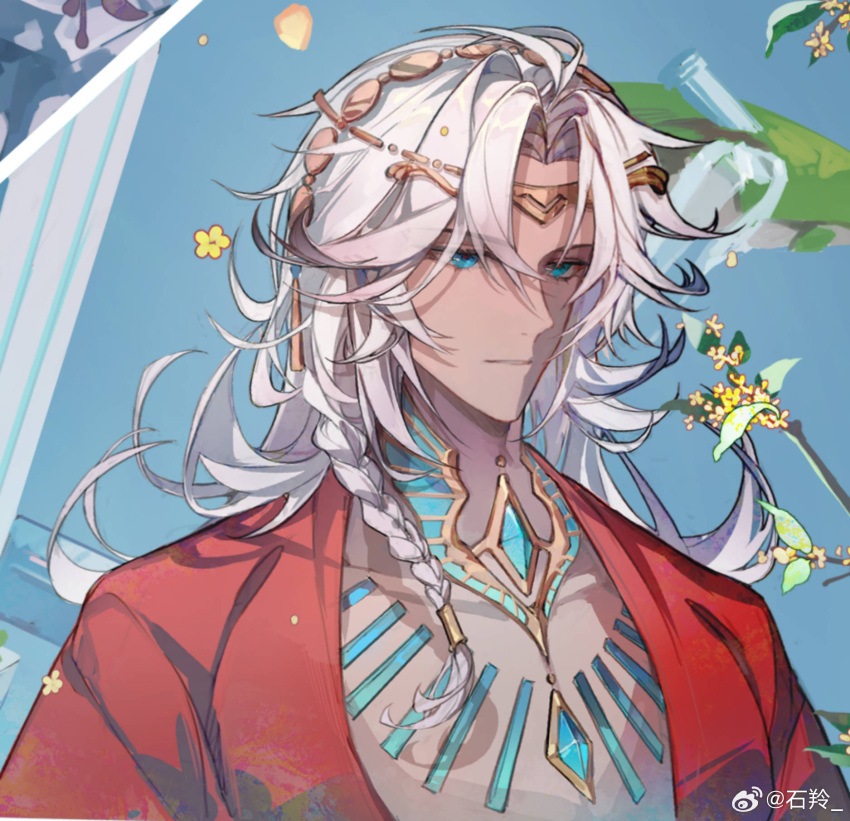 1boy aqua_eyes blue_background blue_gemstone braid chest_jewel circlet closed_mouth curtained_hair dark-skinned_male dark_skin expressionless flower gem hair_tubes hairband highres jewelry lars_rorschach long_hair lovebrush_chronicles male_focus necklace open_clothes open_robe osmanthus parted_bangs pillar red_pupils red_robe robe shiling side_braid solo upper_body weibo_logo weibo_username white_hair yellow_flower