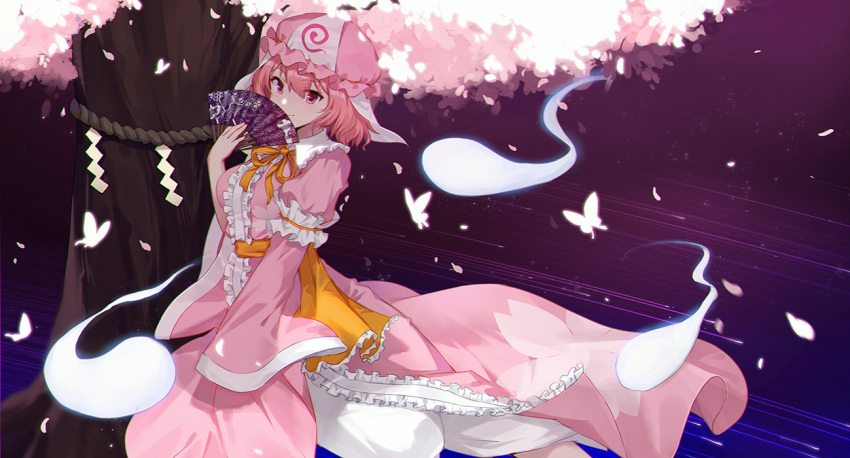 1girl alternate_color bug butterfly cherry_blossom_print closed_mouth floral_print frilled_kimono frills ghost hat japanese_clothes kimono looking_at_viewer mob_cap pink_eyes pink_hair pink_headwear pink_kimono saigyou_ayakashi saigyouji_yuyuko short_hair smile smile_(mm-l) solo touhou tree triangular_headpiece