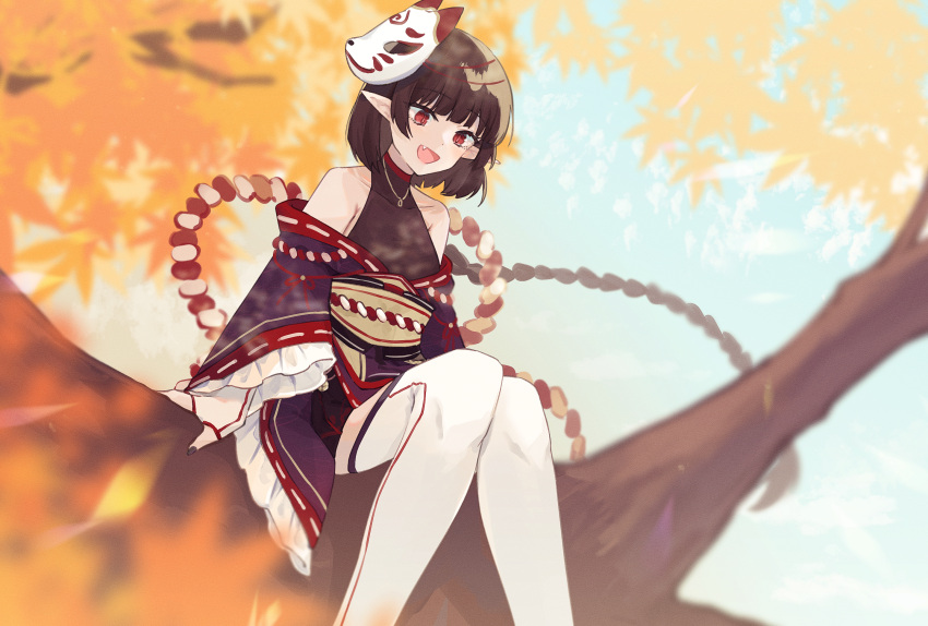 1girl arm_support autumn_leaves blunt_bangs brown_hair day fang fingerless_gloves fox_mask frilled_kimono frilled_sleeves frills gloves halterneck highres in_tree japanese_clothes jewelry kimono kotake_8 kouhaku_nawa leaf long_sleeves looking_down maple_leaf mask mask_on_head nail_polish necklace off_shoulder open_mouth original pointy_ears red_eyes rope shimenawa short_hair sitting sitting_in_tree sky slit_pupils smile solo thigh-highs tree