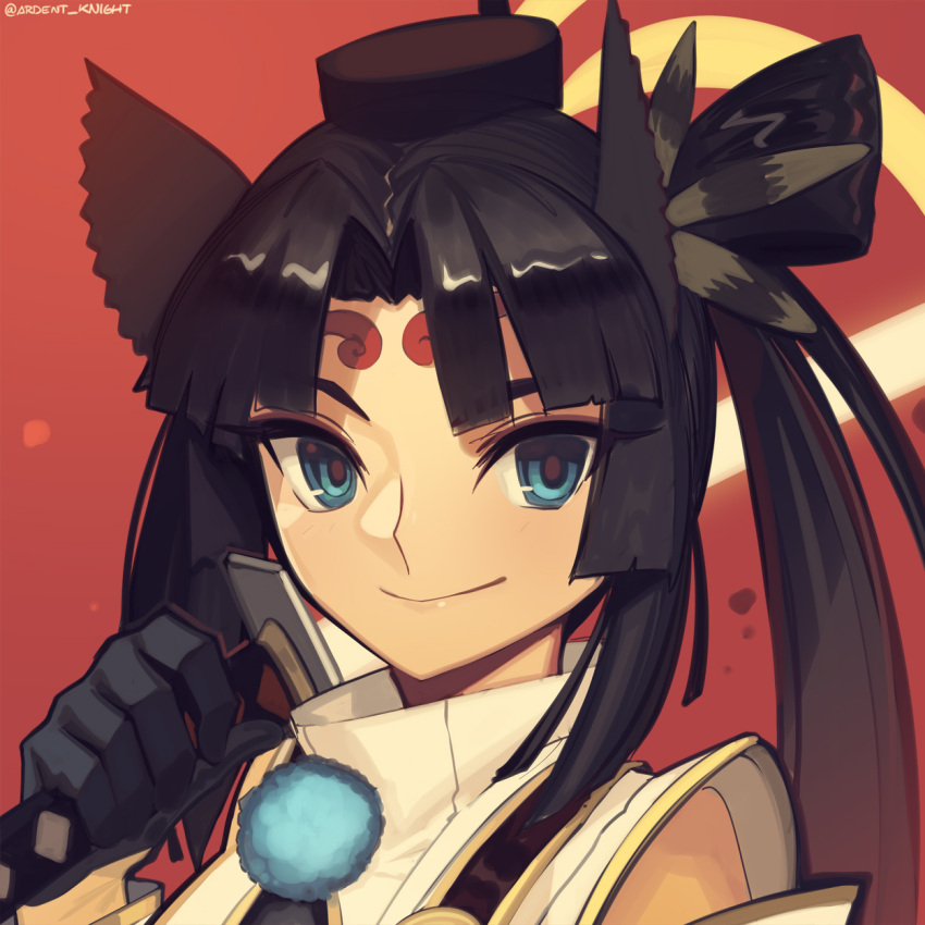 1girl black_gloves black_hair black_headwear blue_eyes boa_(brianoa) breasts fate/grand_order fate_(series) feather_hair_ornament feathers gloves hair_ornament hat highres katana long_hair looking_at_viewer parted_bangs side_ponytail sidelocks smile solo sword ushiwakamaru_(fate) very_long_hair weapon